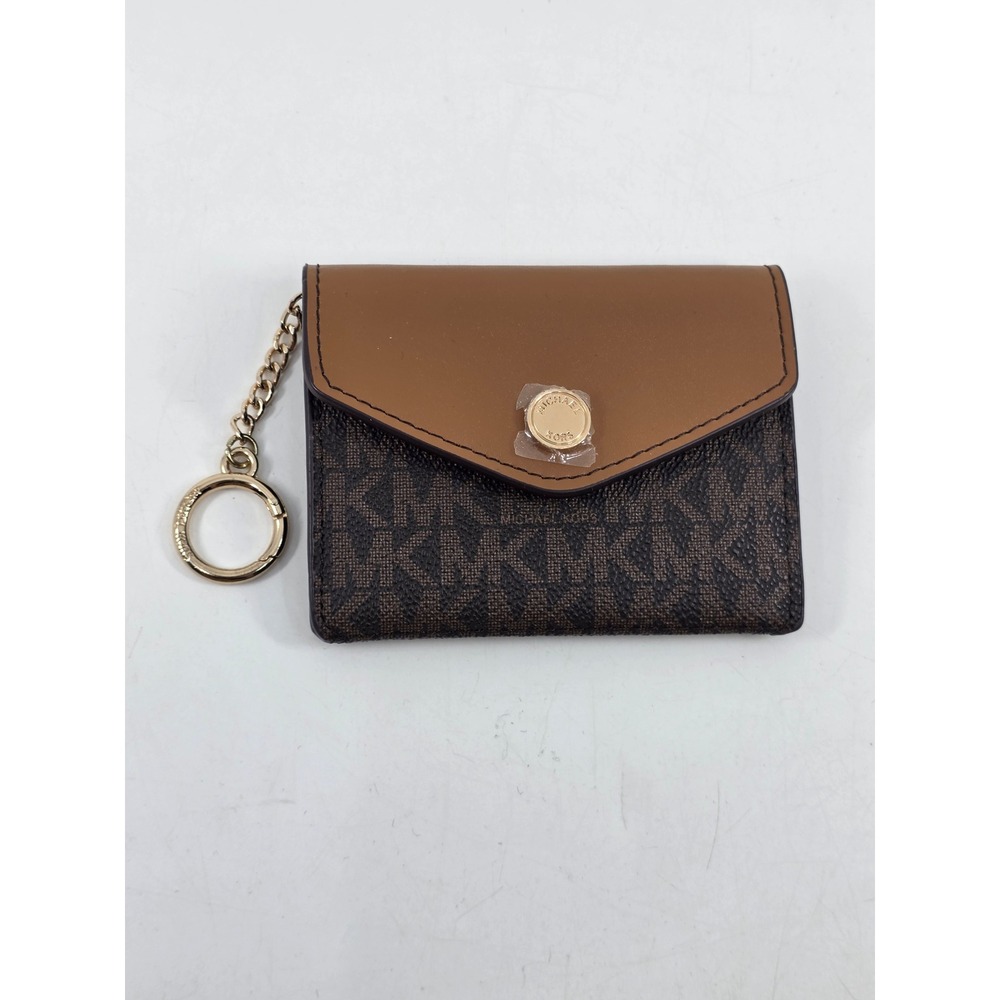 Michael‎ Kors Signature Logo Card Holder Wallet Key Ring Brown Acorn Gold